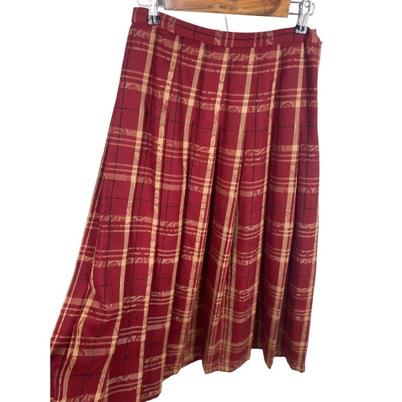 Pendleton Plaid Maxi Skirt 8 Deep Red Tan Floral Long Pleated Vtg Wool Academia - Picture 1 of 11